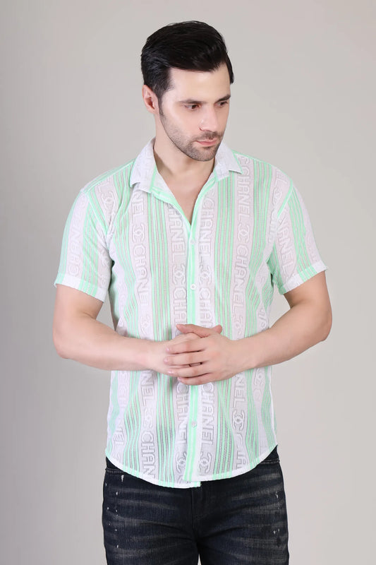 Men's Casual Half Sleeve Shirt - Green Striped | UHSS-174