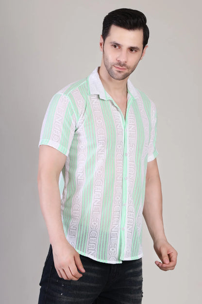 Men's Casual Half Sleeve Shirt - Green Striped | SHS-174
