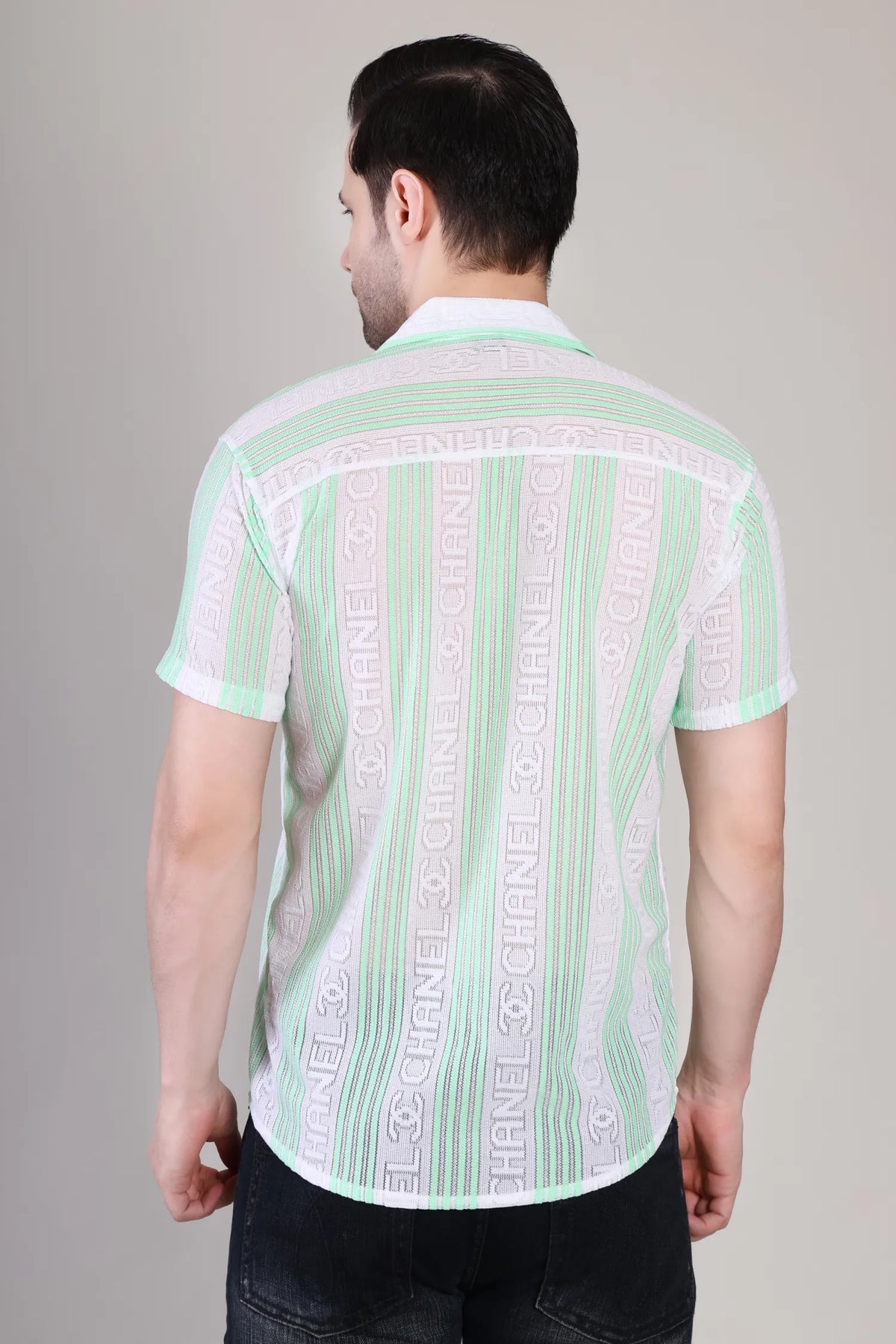 Men's Casual Half Sleeve Shirt - Green Striped | SHS-174
