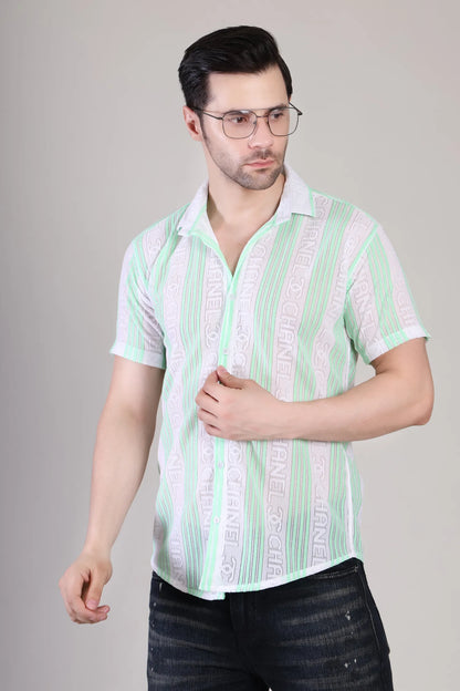 Men's Casual Half Sleeve Shirt - Green Striped | SHS-174