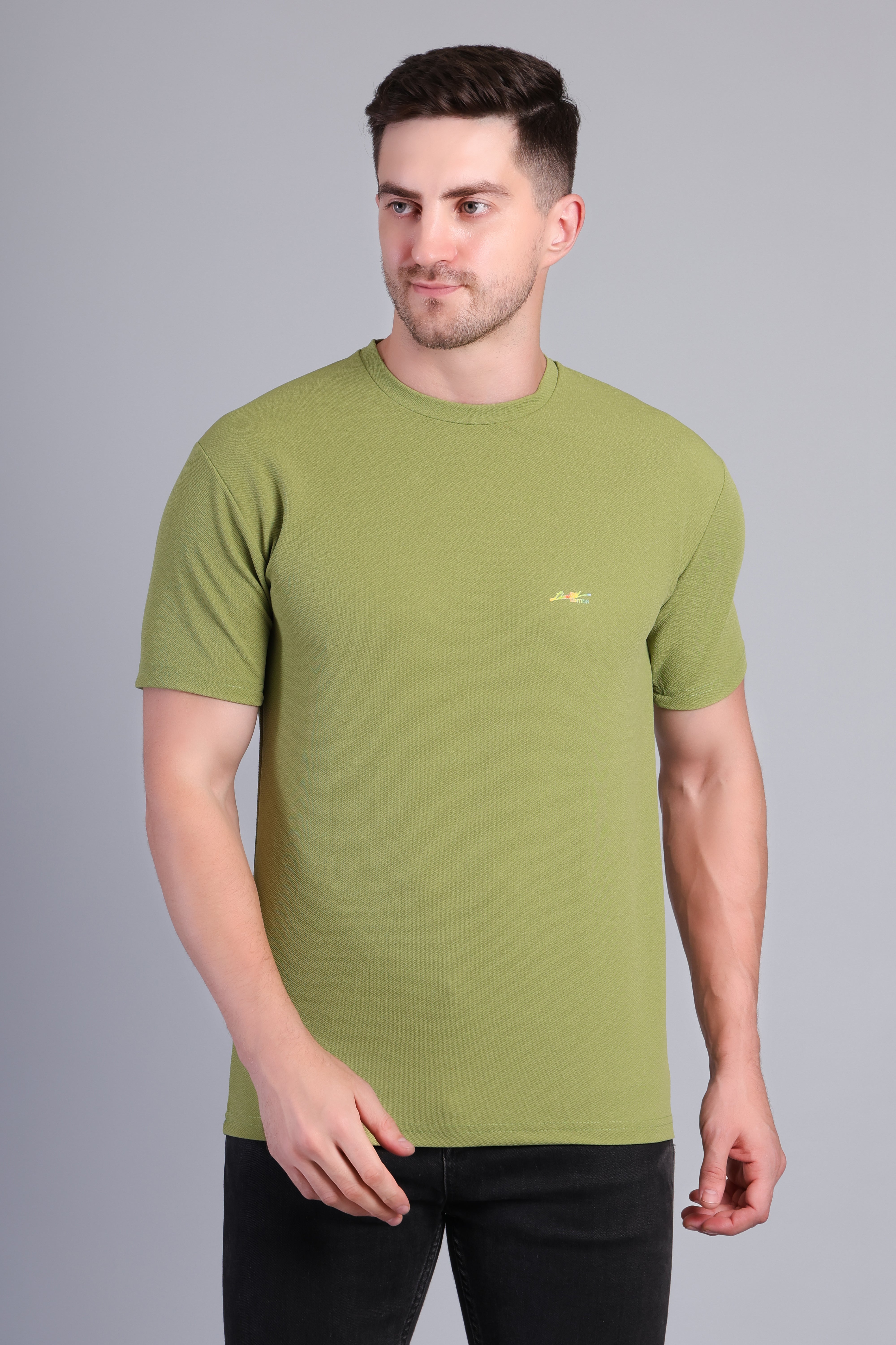 Men’s Army Green Round Neck Half Sleeve T-Shirt-TS-232