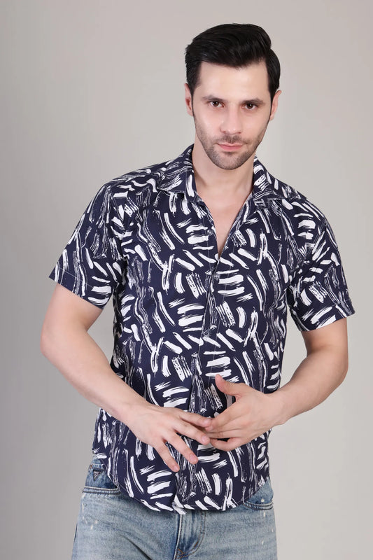 Men's Casual Half Sleeve Shirt - Black White | UHSS-128