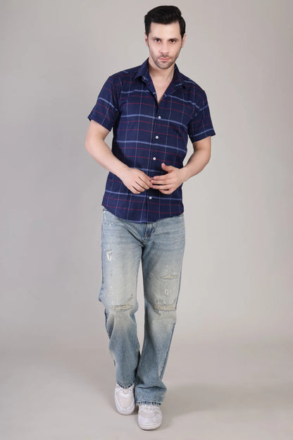 Men's Casual Half Sleeve Shirt - Check Blue | UHSS-157