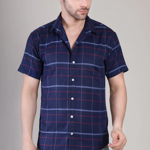 Men's Casual Half Sleeve Shirt - Check Blue | UHSS-157
