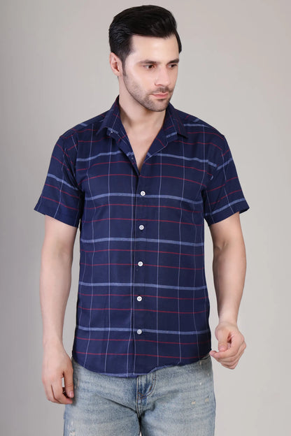 Men's Casual Half Sleeve Shirt - Check Blue | UHSS-157