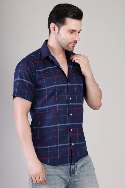 Men's Casual Half Sleeve Shirt - Check Blue | UHSS-157