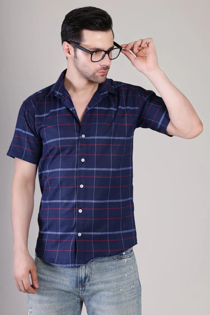 Men's Casual Half Sleeve Shirt - Check Blue | UHSS-157