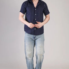 Men's Casual Half Sleeve Shirt - Striped Blue | UHSS-156
