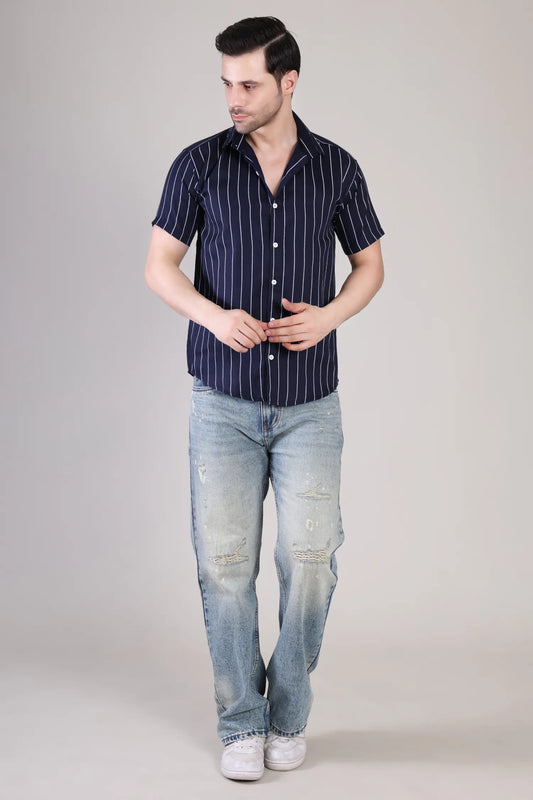 Men's Casual Half Sleeve Shirt - Striped Blue | UHSS-156