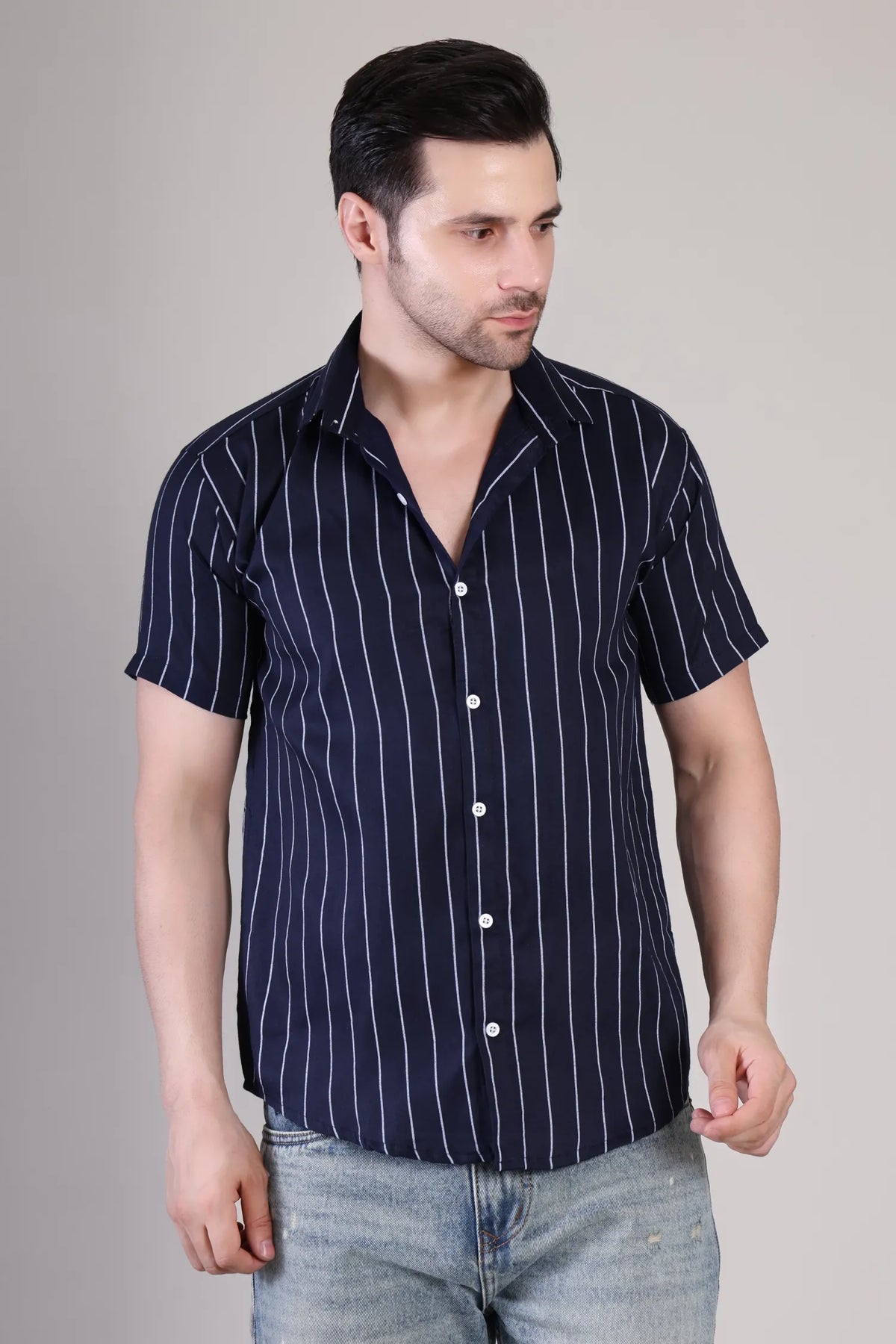 Men's Casual Half Sleeve Shirt - Striped Blue | UHSS-156