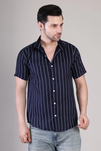 Men's Casual Half Sleeve Shirt - Striped Blue | UHSS-156