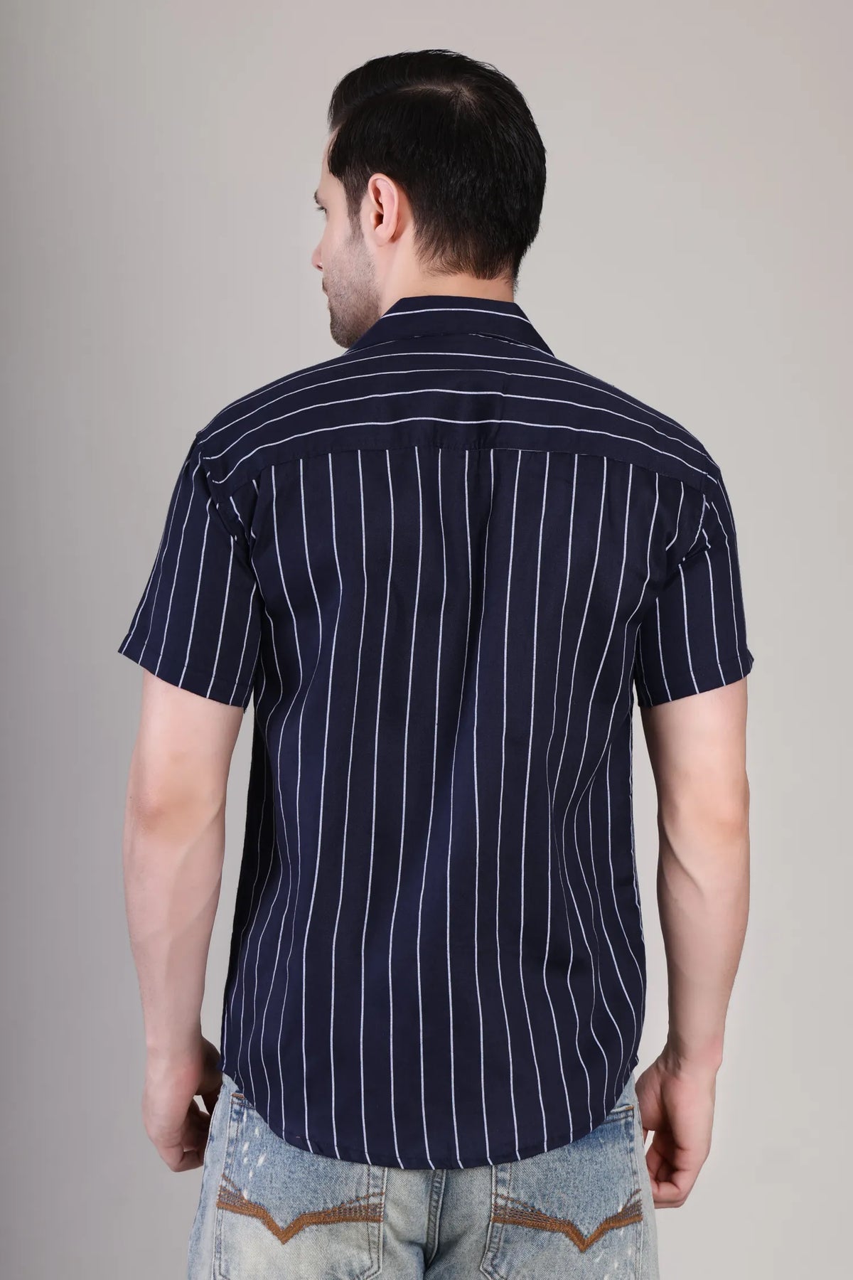 Men's Casual Half Sleeve Shirt - Striped Blue | UHSS-156
