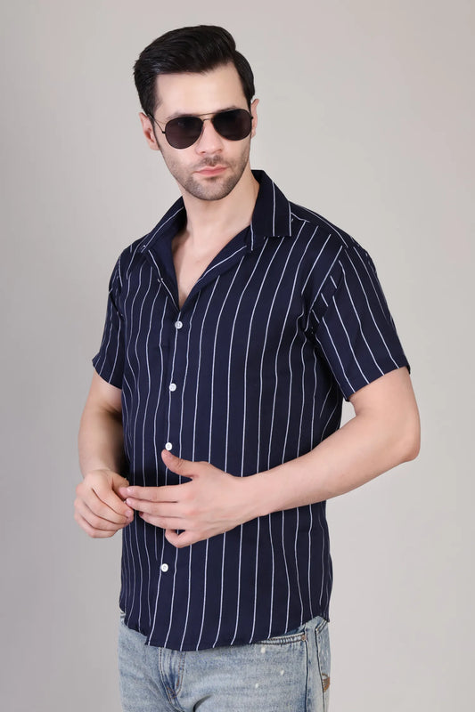 Men's Casual Half Sleeve Shirt - Striped Blue | UHSS-156