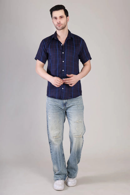 Men's Casual Half Sleeve Shirt- Checkered Navy | UHSS-155