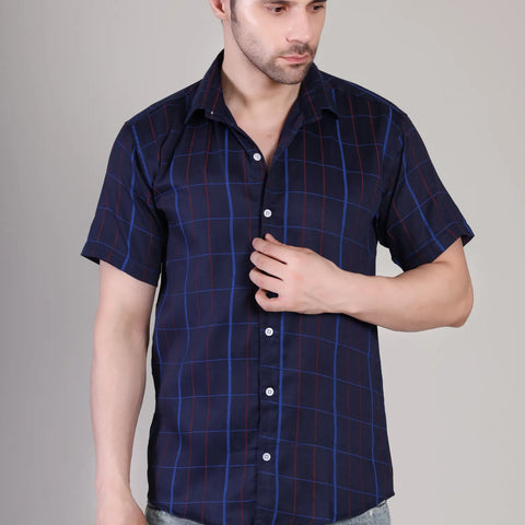 Men's Casual Half Sleeve Shirt- Checkered Navy | UHSS-155