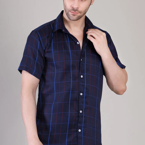 Men's Casual Half Sleeve Shirt- Checkered Navy | UHSS-155