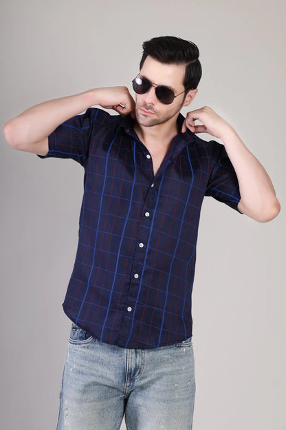 Men's Casual Half Sleeve Shirt- Checkered Navy | UHSS-155