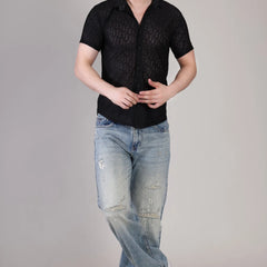 Men's Casual Half Sleeve Shirt- Black | SHS-153