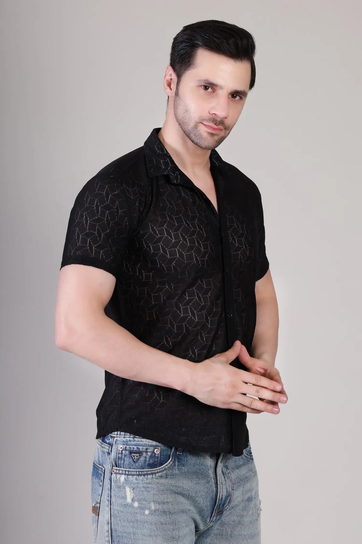 Men's Casual Half Sleeve Shirt- Black | SHS-153