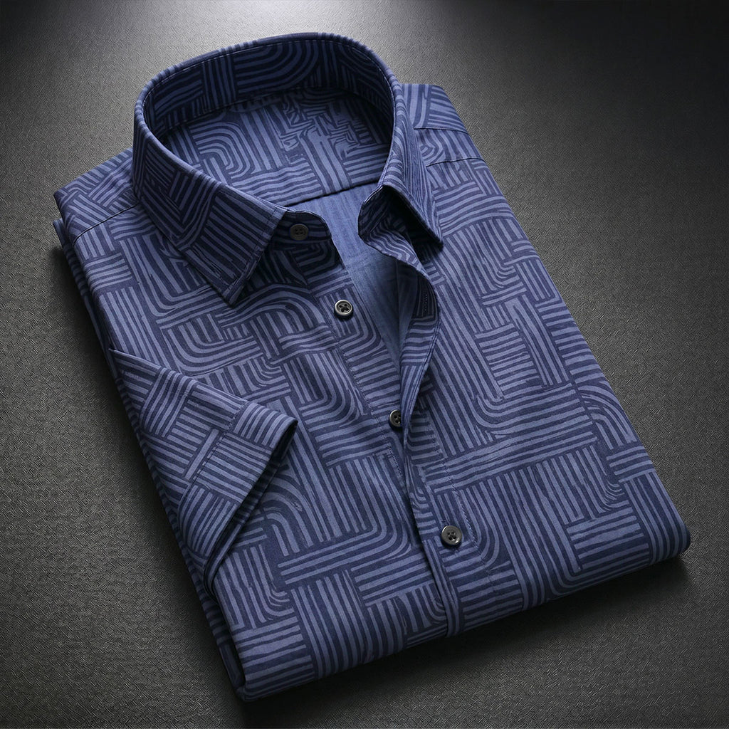 Blue Printed Shirt With Grey Design Half Sleeve Shirt (SKU-509)