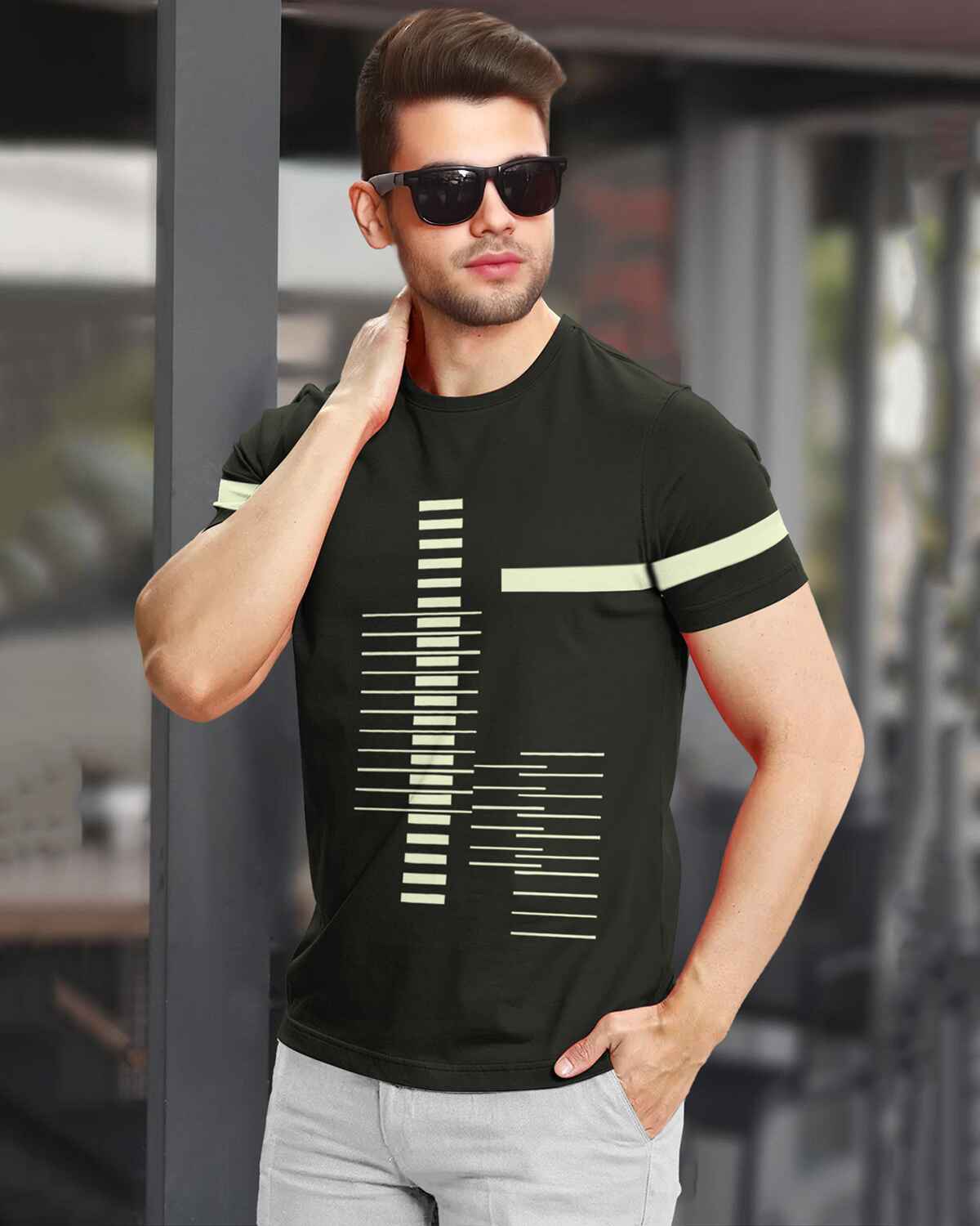 Men Printed Half Sleeve Round Neck Cotton Blend Olivegreen T-Shirt