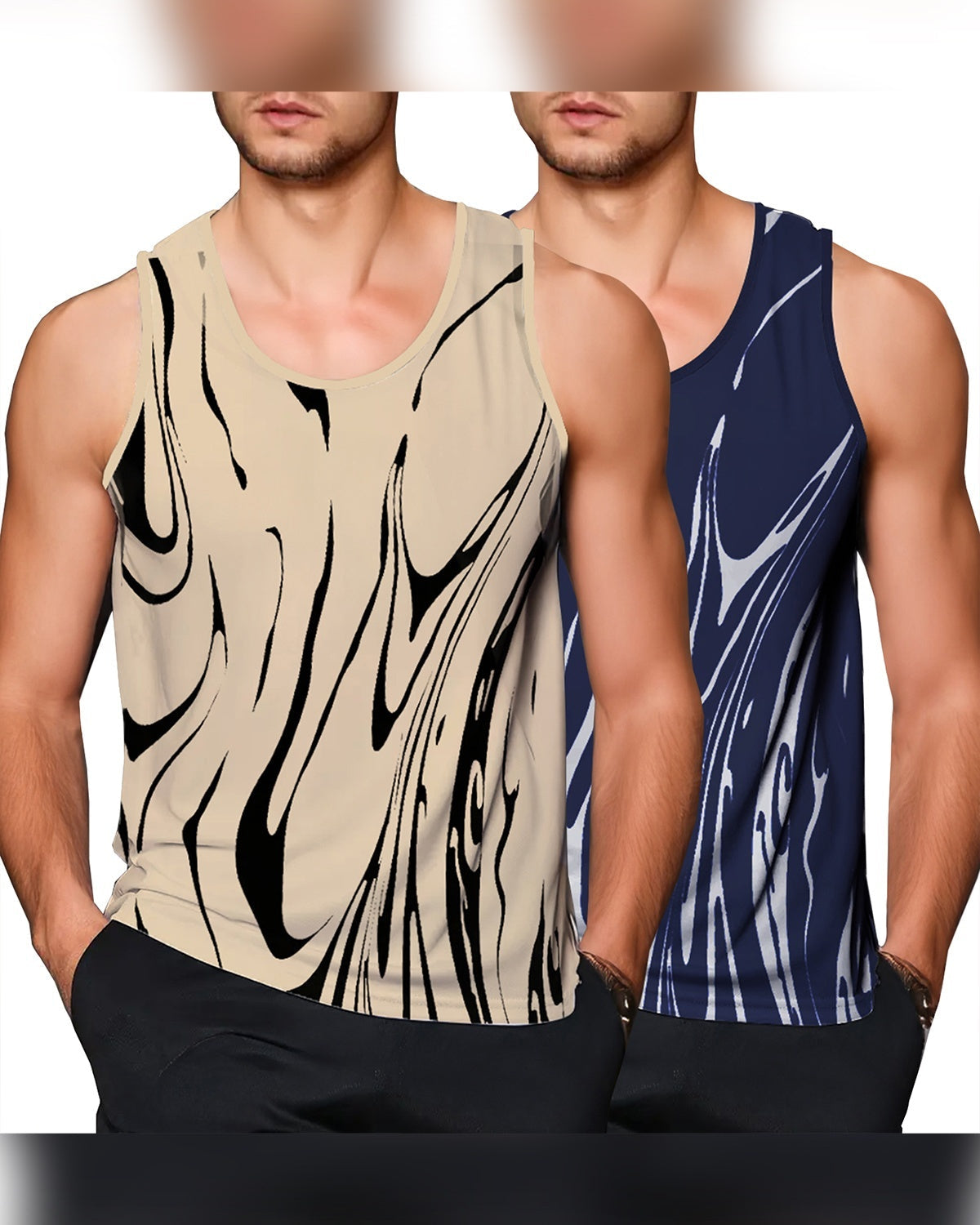 Men Printed Gym Vest / Beige & Navy (pack of 2)
