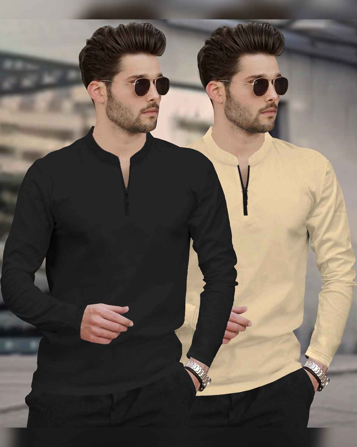 (Pack Of 2) Full Sleeve Henley Neck T-shirts / Black & Beige
