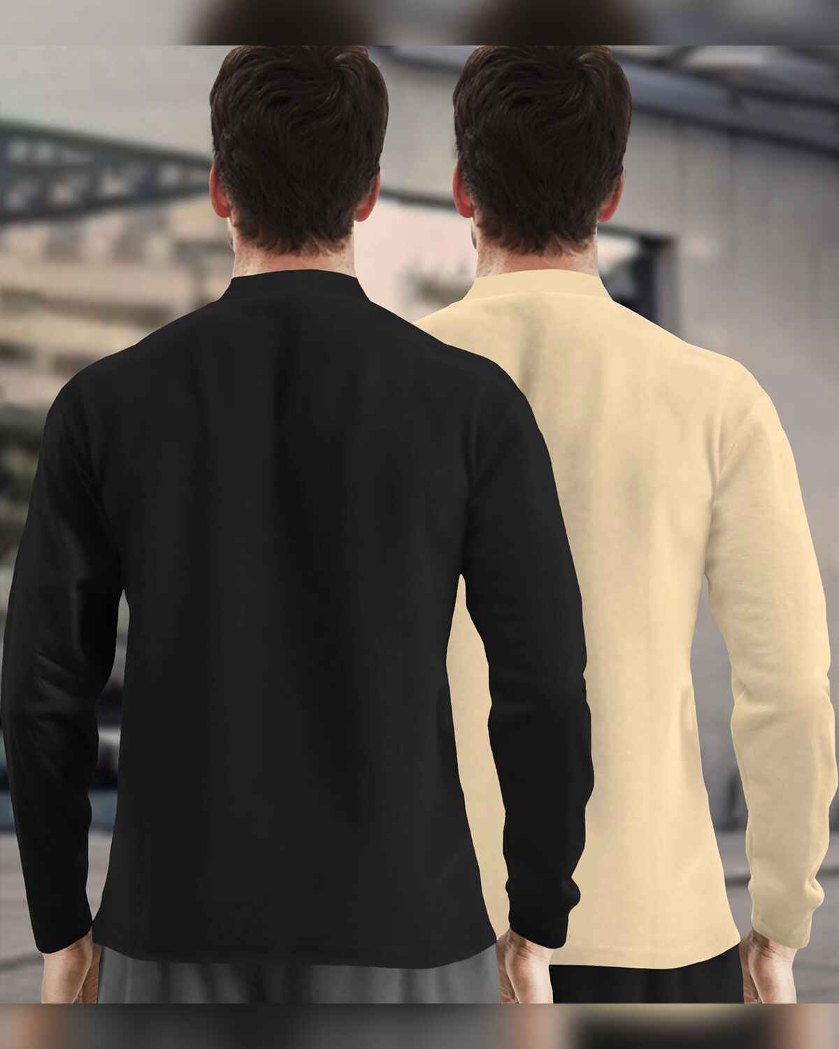 (Pack Of 2) Full Sleeve Henley Neck T-shirts / Black & Beige