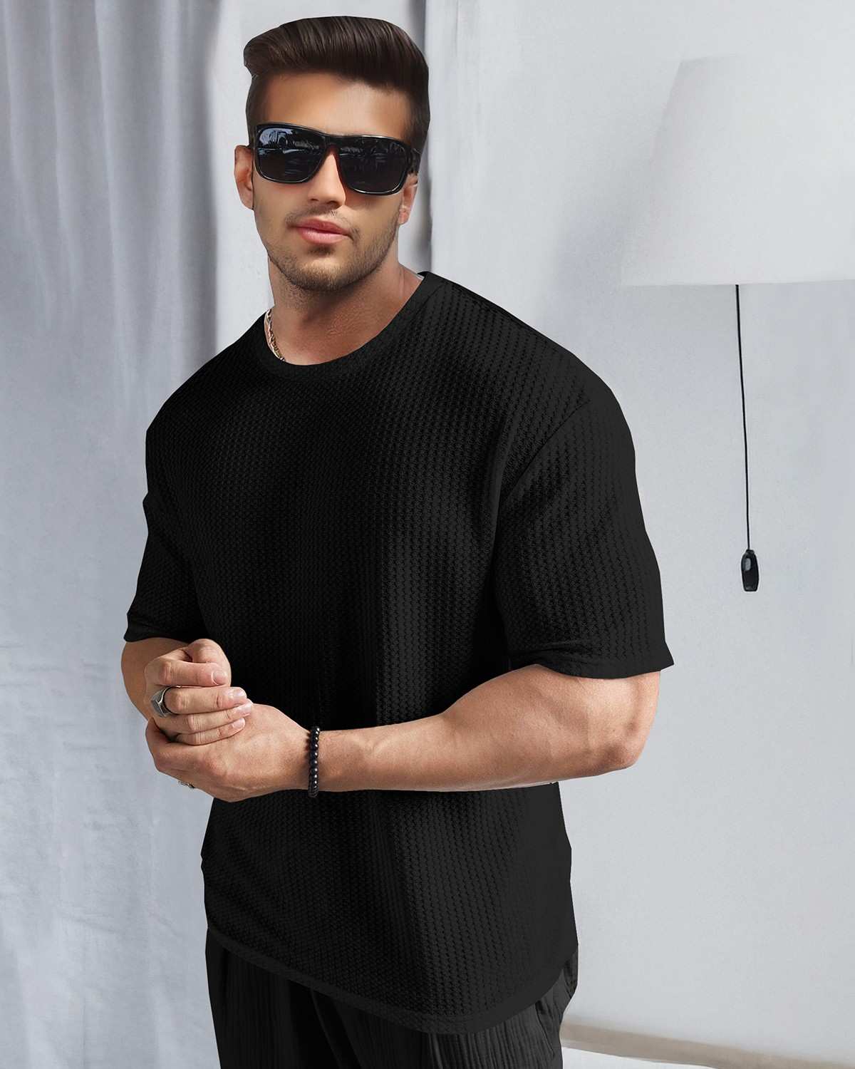 Mens Half Sleeve Plain Round Neck Waffle T-shirt / Black