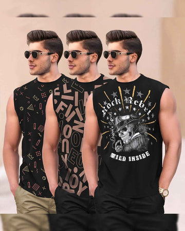 (Pack Of 3) Round Neck Printed Sleeveless / Black