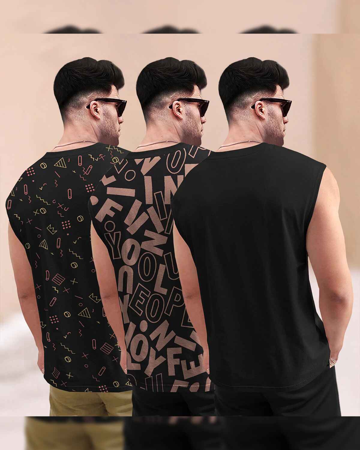 (Pack Of 3) Round Neck Printed Sleeveless / Black