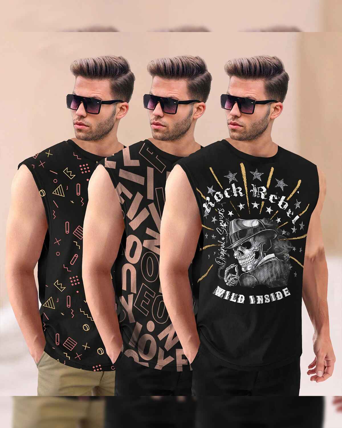 (Pack Of 3) Round Neck Printed Sleeveless / Black
