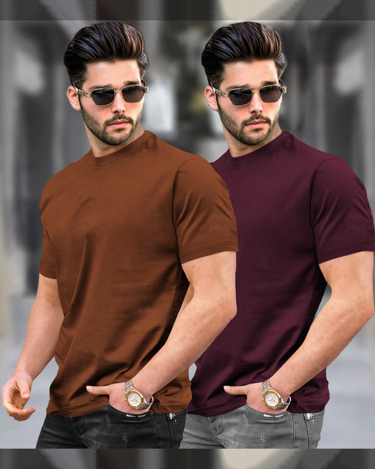 Mens Round Neck Half Sleeve T-shirts (Pack Of 2) / Brown & Maroon