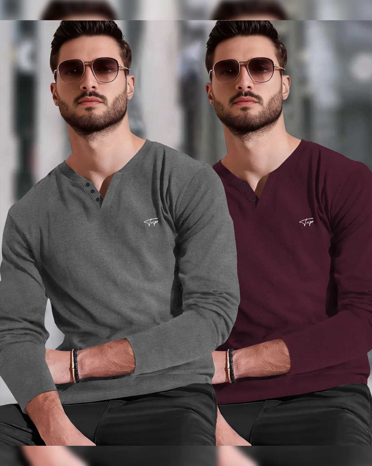 (Pack Of 2) Men Full Sleeve V-Neck Plain T-shirts / Grey & Maroon