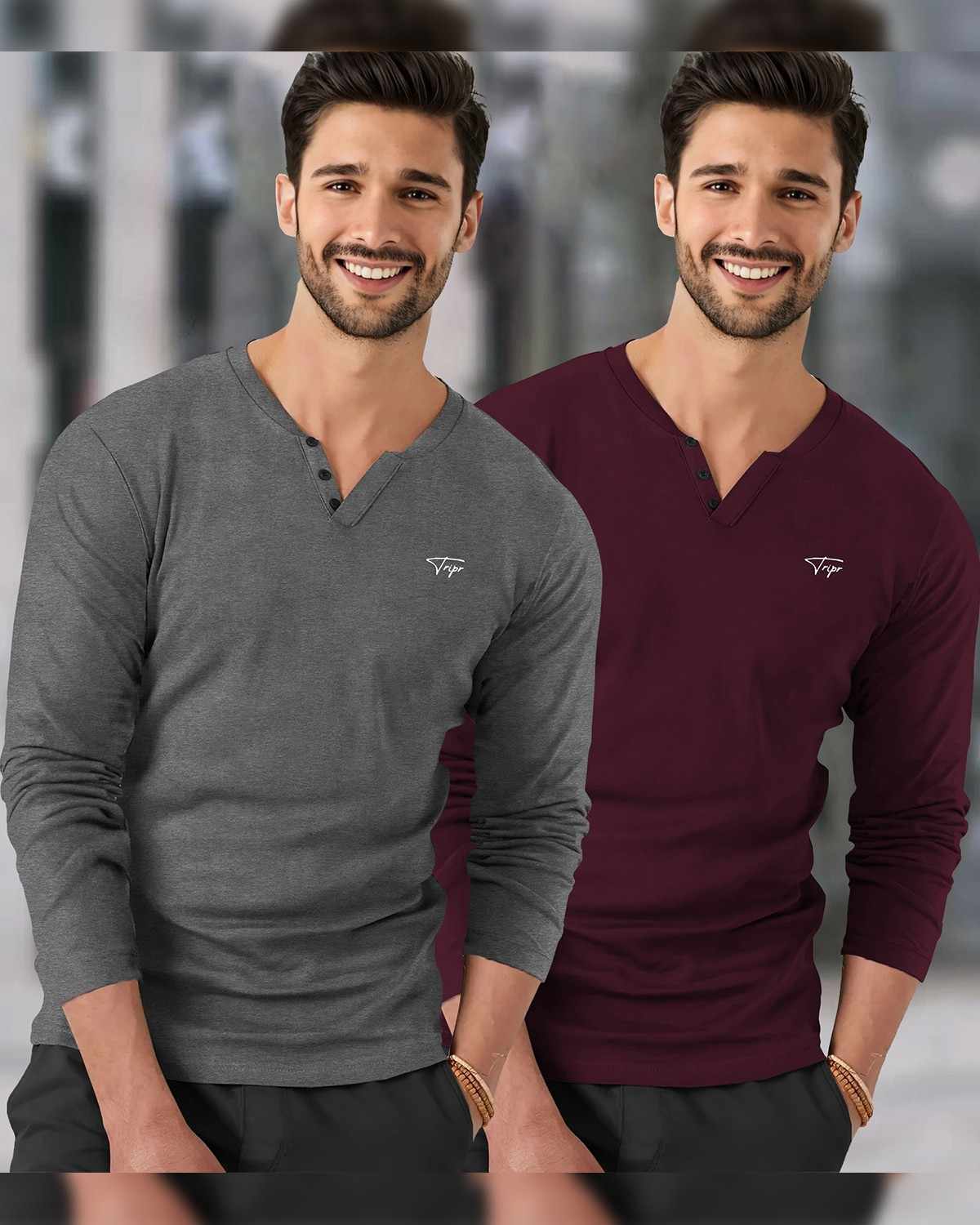 (Pack Of 2) Men Full Sleeve V-Neck Plain T-shirts / Grey & Maroon