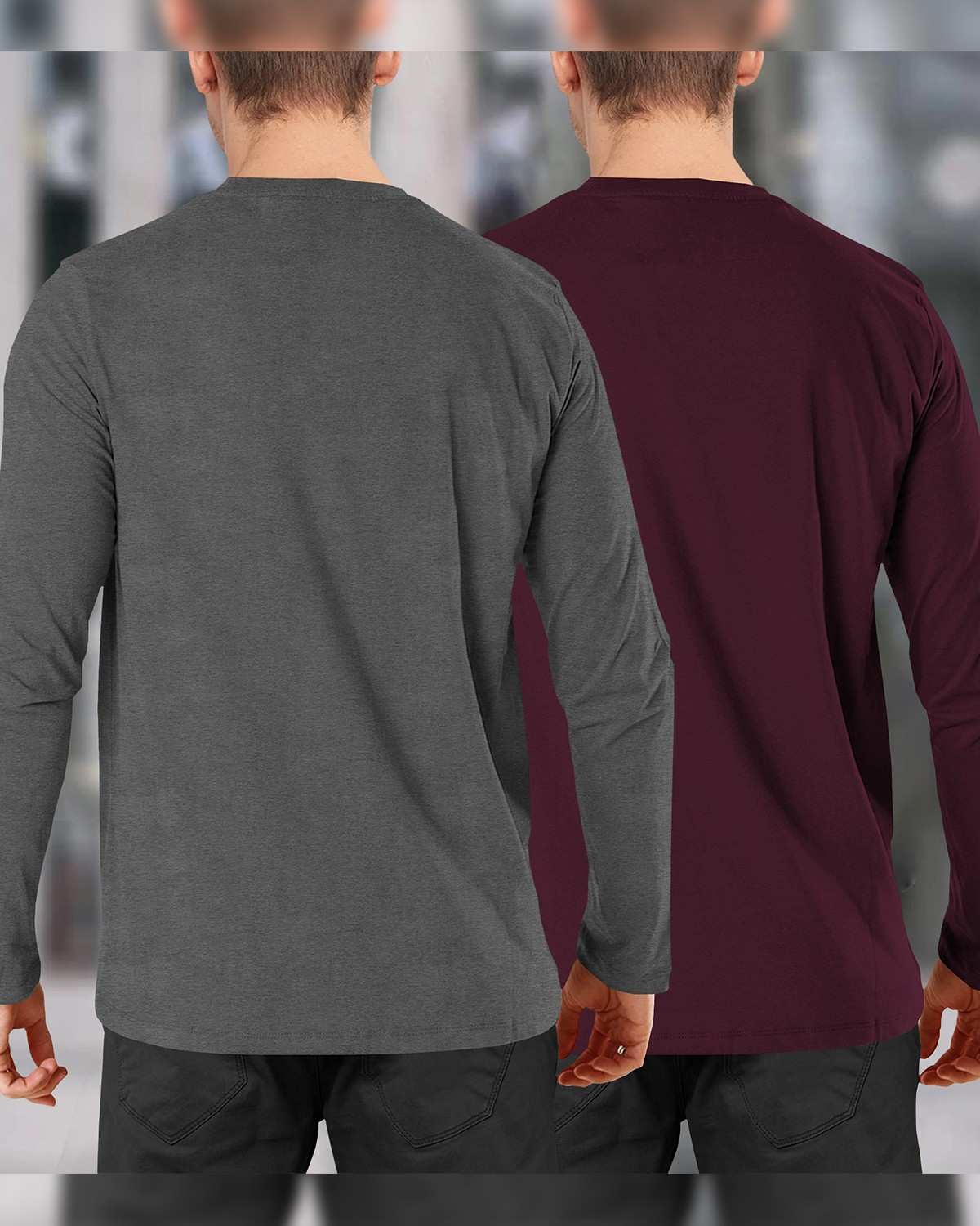 (Pack Of 2) Men Full Sleeve V-Neck Plain T-shirts / Grey & Maroon