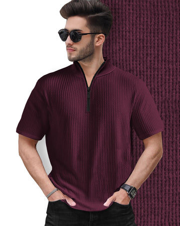 Half Sleeve Plain Zipper High Neck Waffle T-shirt / Maroon
