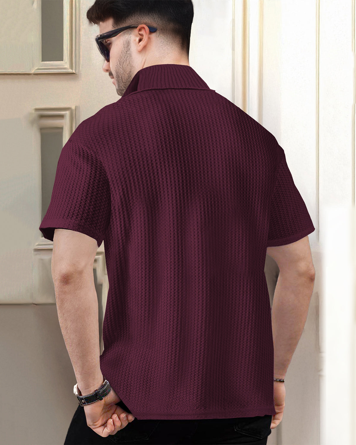 Half Sleeve Plain Zipper High Neck Waffle T-shirt / Maroon