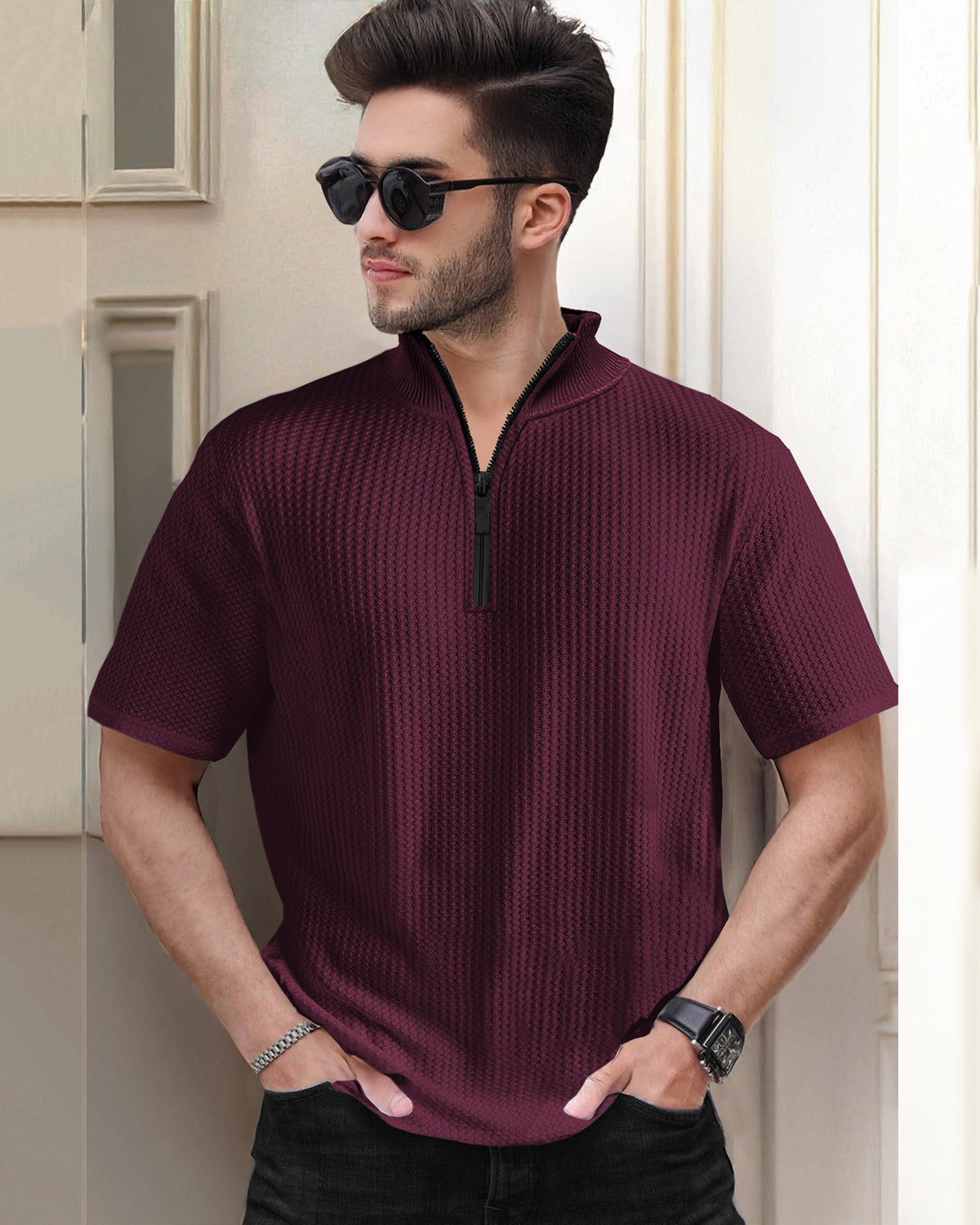 Half Sleeve Plain Zipper High Neck Waffle T-shirt / Maroon