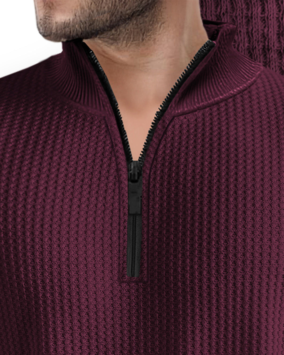 Half Sleeve Plain Zipper High Neck Waffle T-shirt / Maroon