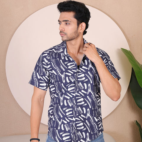 Men's Casual Half Sleeve Shirt - Black White | UHSS-128