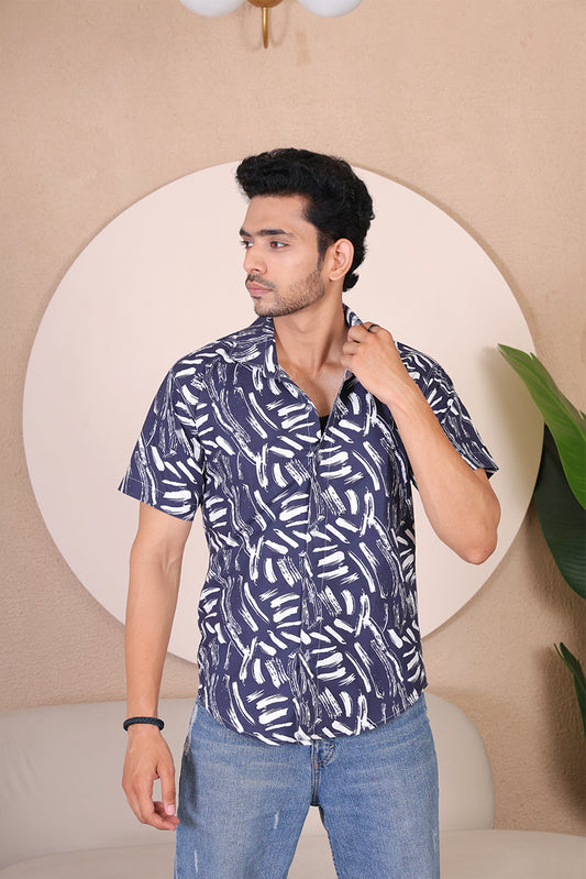 Men's Casual Half Sleeve Shirt - Black White | UHSS-128