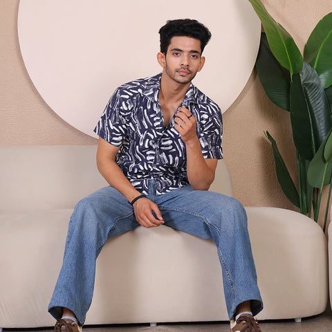 Men's Casual Half Sleeve Shirt - Black White | UHSS-128