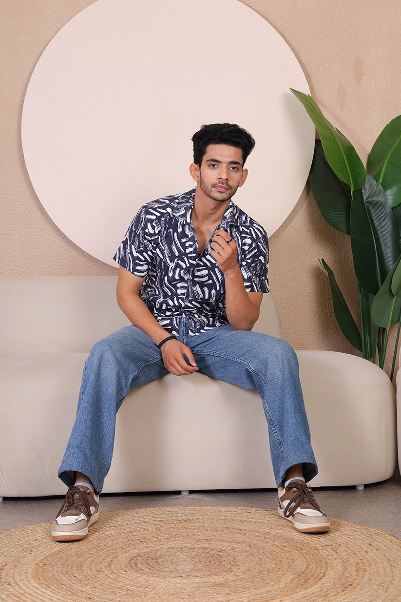 Men's Casual Half Sleeve Shirt - Black White | UHSS-128