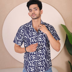 Men's Casual Half Sleeve Shirt - Black White | UHSS-128