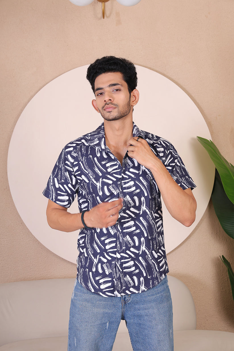 Men's Casual Half Sleeve Shirt - Black White | UHSS-128