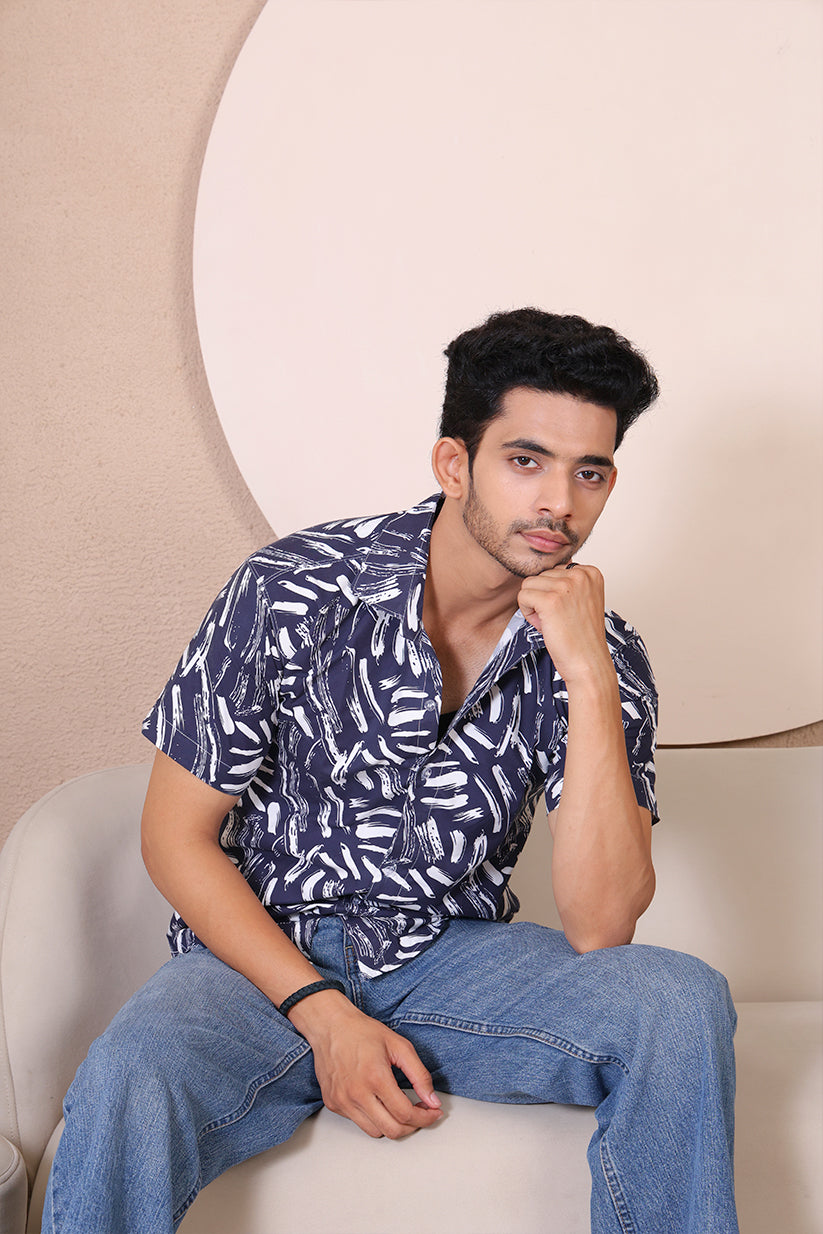 Men's Casual Half Sleeve Shirt - Black White | UHSS-128