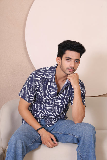 Men's Casual Half Sleeve Shirt - Black White | UHSS-128