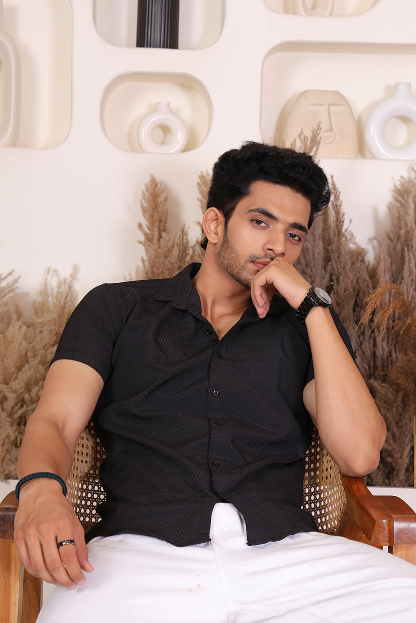 Men's Casual Printed Half Sleeve Shirt – Black | SHS-144