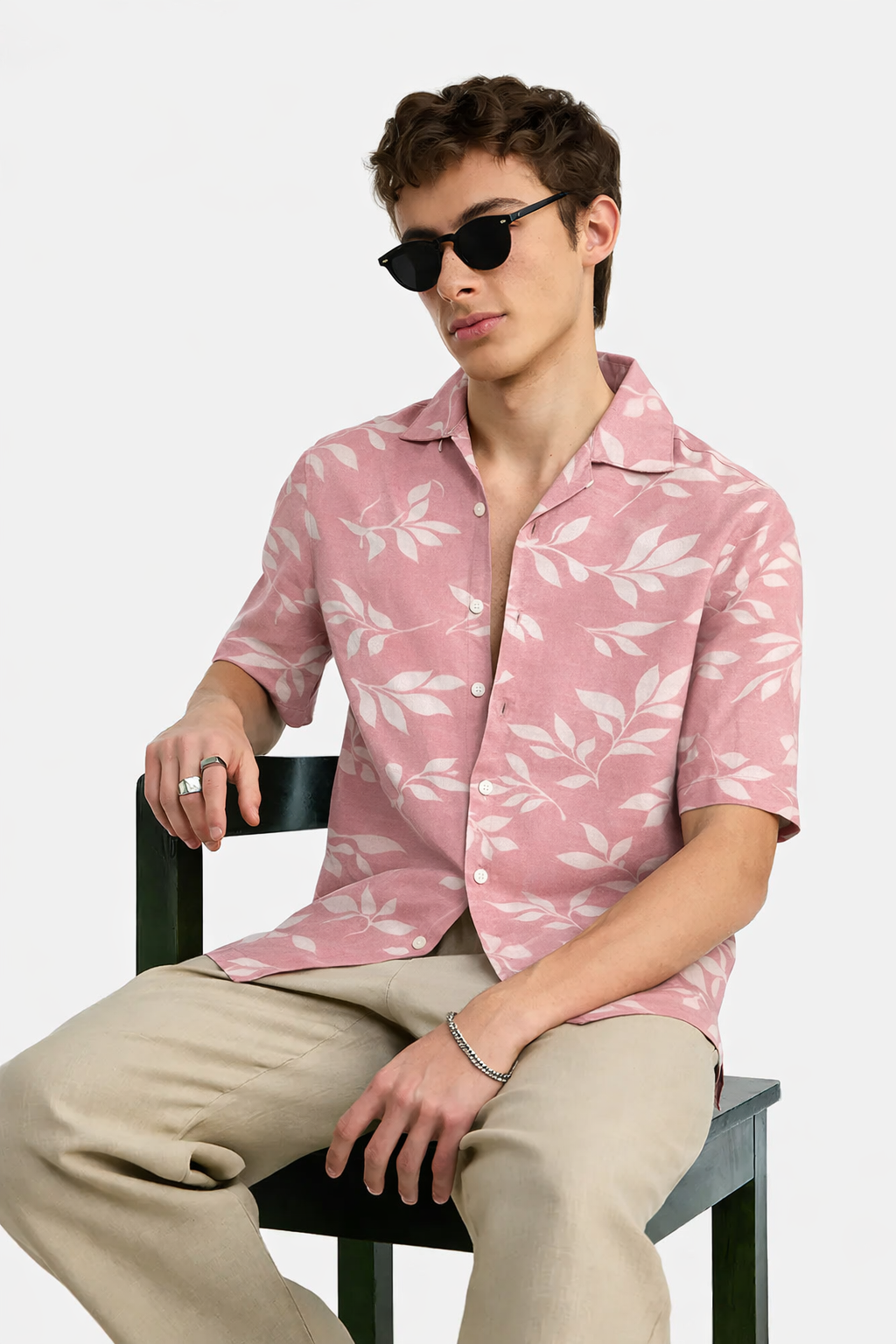 Pink Shirt with Leaf Print Half Sleeve Shirt (SKU-501)